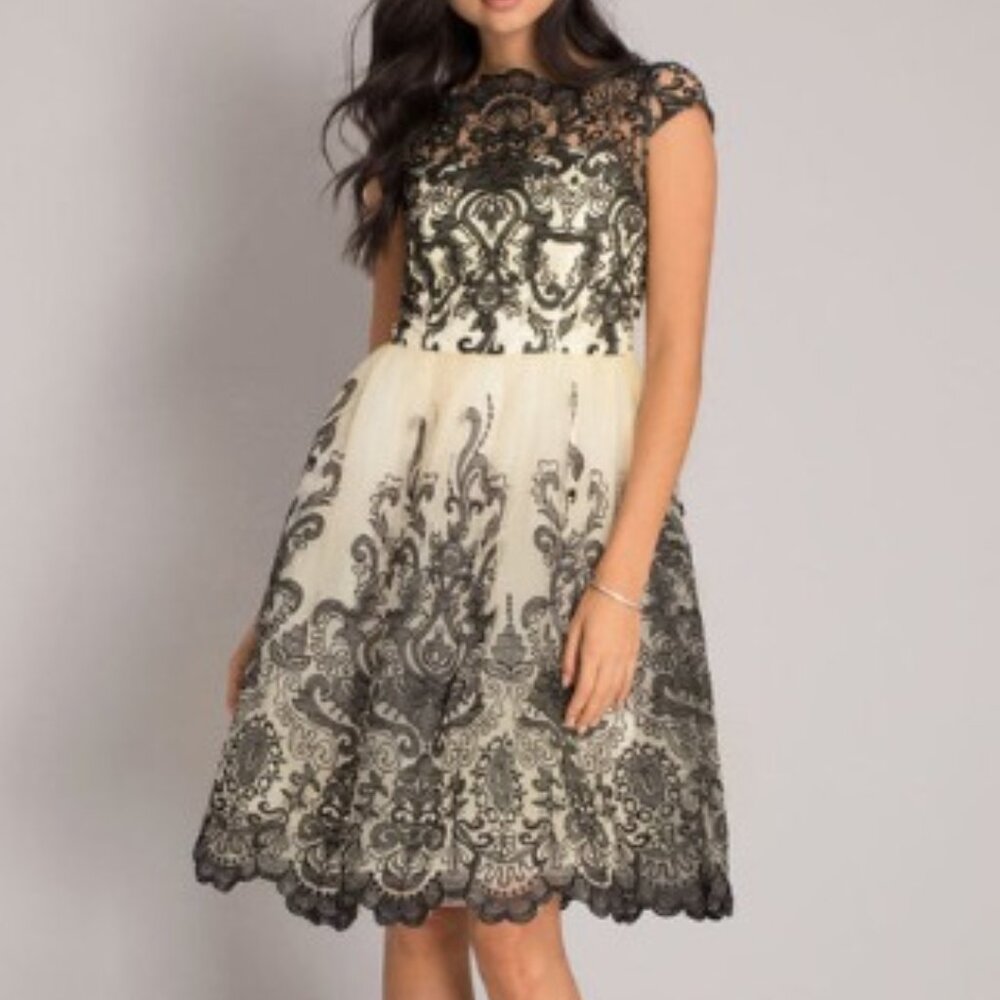 NWT - Chi Chi London - Black and White Chiffon Henna Dress - UK 14 / US 10